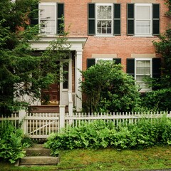 Brick house with white fence, in Woodstock, Vermont
