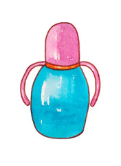Blue bottle for newborns. Baby bottle, isolated on a white background. Children's items. The illustration is hand-drawn with watercolor.
