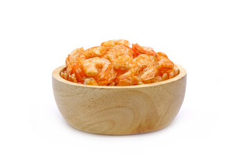 Dried shrimp in wooden bowl isolated on white background