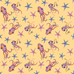 Seamless pattern. Squid and octopus on a beige background. Sea animals and stars. Marine life. The illustration is drawn in watercolor by hand.