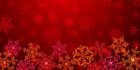 Naklejka na ściany i meble Illustration of big complex translucent Christmas snowflakes in red colors, located below, on background with falling snow