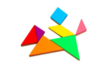 Color tangram puzzle in man ride on the horse shape on white background