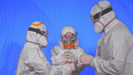 Family of doctors scientists health worker in respirator. Mom, dad and daughter portrait, wearing protect medical aerosol spray paint mask. Ball spike model Coronavirus pandemic covid-19.