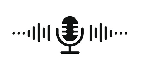 Studio Microphone simple icon. Black podcast radio sign, broadcast symbol. Retro microphone with sound waves vector illustration isolated on white background.