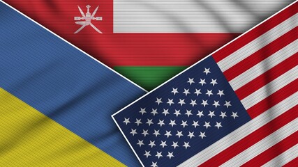 Oman United States of America Ukraine Flags Together Fabric Texture Effect Illustration
