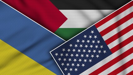 Palestine United States of America Ukraine Flags Together Fabric Texture Effect Illustration