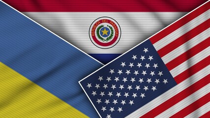 Paraguay United States of America Ukraine Flags Together Fabric Texture Effect Illustration