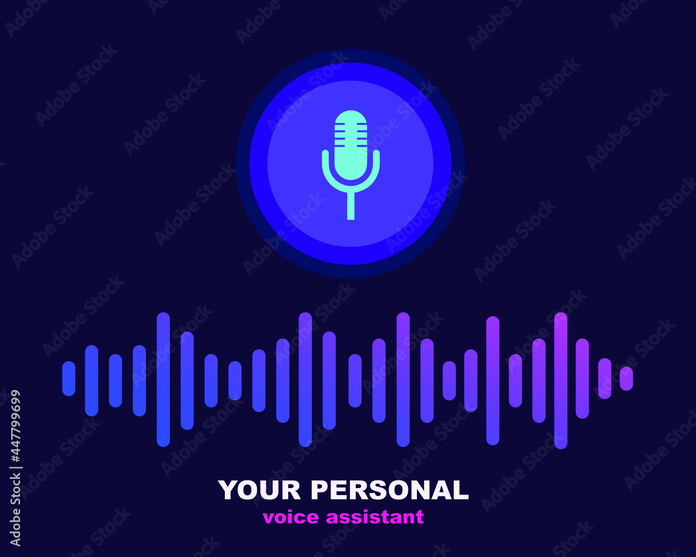 Poster voice assistant sound wave. microphone voice control technology, voice and sound recognition. vector