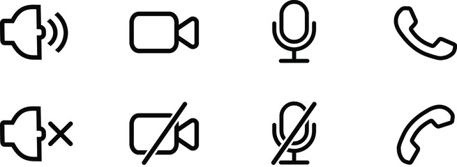 Set of communication icons. Phone, sound, microphone, camera, call symbols on isolated white background for applications, web, app. EPS 10 vector