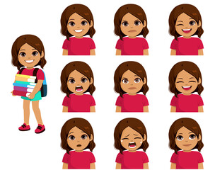 Happy young little black girl holding books carrying schoolbag with different emotions ready to back to school