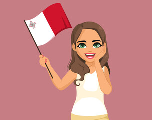 Beautiful young Maltese woman waving Malta flag with hand on face on pink background