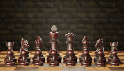 A set of dark wooden chess pieces placed on a chessboard in a brick wall background. The concept of business strategy planning. copy space for text or article. 3D illustration rendering.