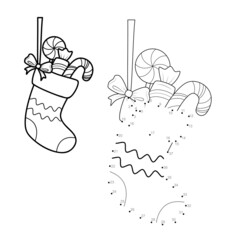 Dot to dot Christmas puzzle for children. Connect dots game. Sock