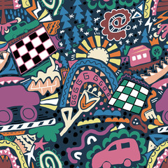 Abstract seamless pattern with cars, chess board, sun, hous, rainbow, trees. Doodle endless texture for modern trendy design. Vector illustration
