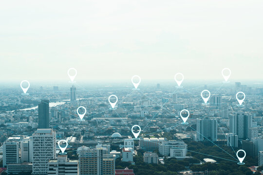 connection network map pin navigation cityscape.