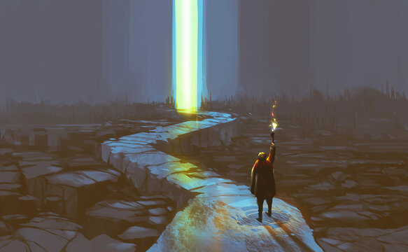 Digital illustration painting design style a man with torch walking along glowing light at the exit, against ruins.