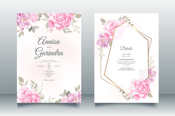   Romantic Wedding invitation card template set with beautiful  floral leaves Premium Vector
