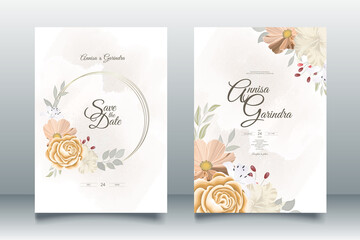 Obraz na płótnie Canvas Romantic Wedding invitation card template set with beautiful floral leaves Premium Vector