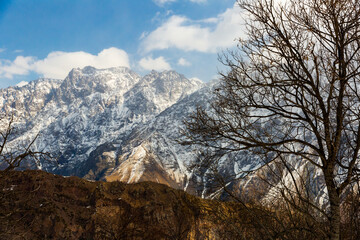 View of Greater Caucasus mountains at sunny spring day in Georgia