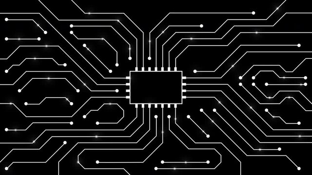 Electronic circuit on black background (seamless loop)