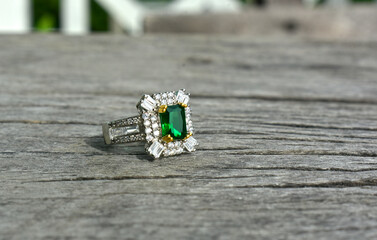 Gold ring decorated with aquamarine and diamonds.