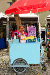 Woman in a colorful  typical food cart in the of a village market street 
