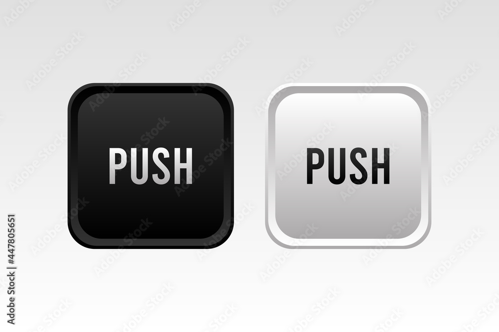 Poster black and white square 3d matte button icon with push text
