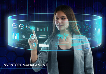 Business, Technology, Internet and network concept. Young businessman working on a virtual screen of the future and sees the inscription: Inventory management