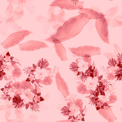 White Seamless Nature. Coral Pattern Illustration. Gray Tropical Art. Pink Flower Botanical. Flora Art. Watercolor Art. Floral Plant. Summer Painting.