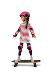 Asian little girl child skating on skateboard isolated over white background. Kid riding on skateboard. Image with Clipping path © zilvergolf
