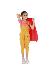 Little young girl wearing red shawl isolated over white background. Kid play superhero concept. Image full length with Clipping path