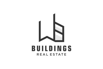 Letter W Simple modern building architecture logo design with line art skyscraper graphic
