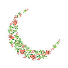 Muslim crescent of pomegranate flowers in watercolor by hand