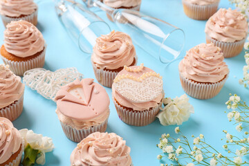 Beautiful wedding composition on color background