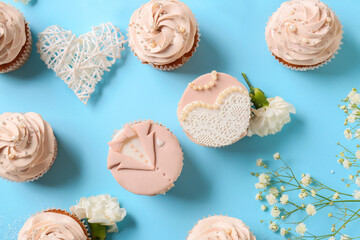 Beautiful wedding composition on color background