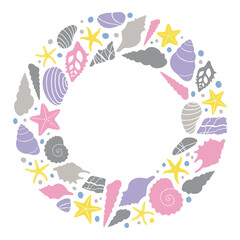 Fototapeta na wymiar Abstract illustration of summer time concept. Flat vector illustration. Round wreath with marine objects. Underwater set of silhouettes. Seashells, sea stars, stones.
