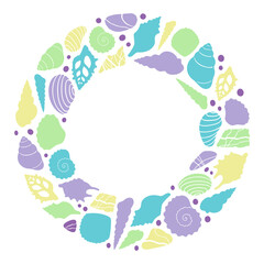 Abstract illustration of summer time concept. Flat vector illustration. Round wreath with marine objects. Underwater set of silhouettes. Seashells, stones.