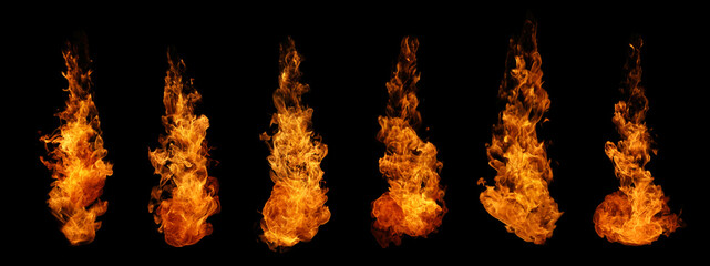 Set of fire and burning flame isolated on dark background for graphic design