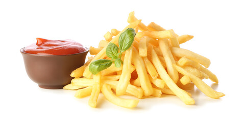 Tasty french fries and sauce on white background