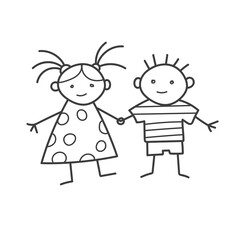 Boy and girl drawing Isolated on white background. Coloring book. Childhood doodle. Vector line illustration. Children's design. Clip art element. Picture, doodle, simple kids.