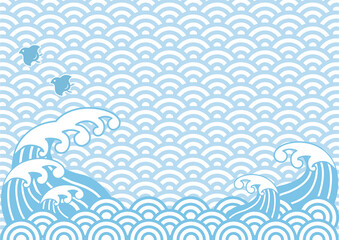 海　波　千鳥　和柄　青海波　荒波　海原　夏　正月　年賀　和風　和柄　背景　フレーム　コピースペース　イラスト