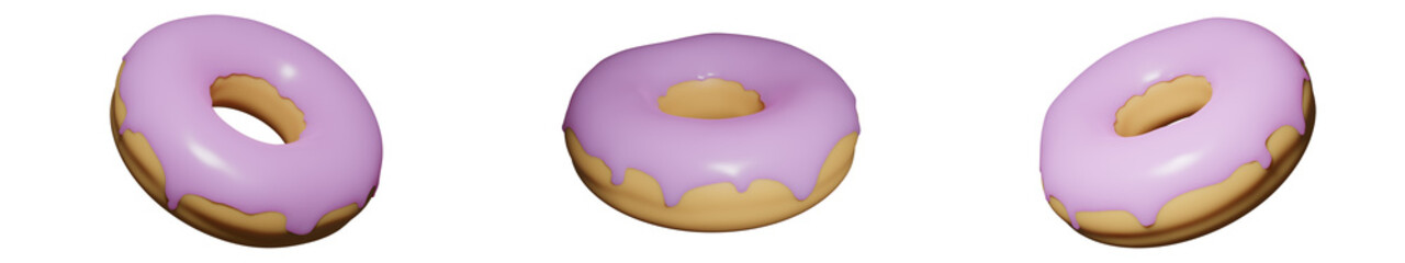 Set of donuts with pink icing, isolated on a white background. 3d render of a donut. 3d-illustration.