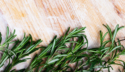 Closeup of rosemary on wooden table. High quality photo