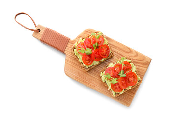 Tasty bruschettas with tomato and guacamole on white background