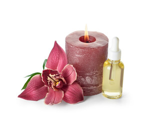 Composition with burning candle, bottle of essential oil and orchid flower on white background