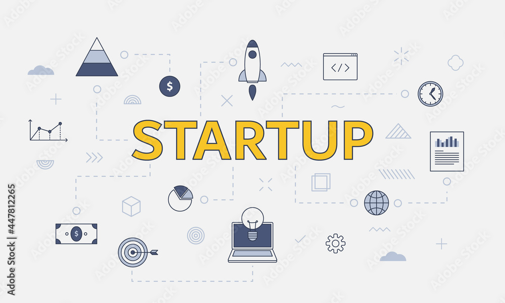 Poster startup business concept with icon set with big word or text on center