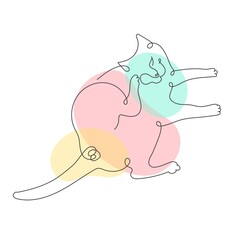 Continuous Single cat and colorful spots. Isolated on white background. Funny, cute animals. Doodle animals icons minimalistic One line art. Hand drawn Vector illustration. Simple silhouettes. 
