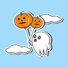 Cute Halloween Ghost Flying With Pumpkin Balloon Cartoon Vector Icon Illustration.