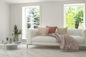 Minimalist living room in white color with sofa and summer landscape in window. Scandinavian interior design. 3D illustration