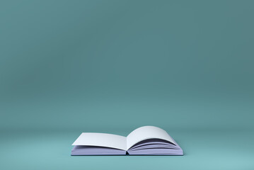 Blank Open Magazine or Book floating in blue background. minimal concept idea creative. 3D render.